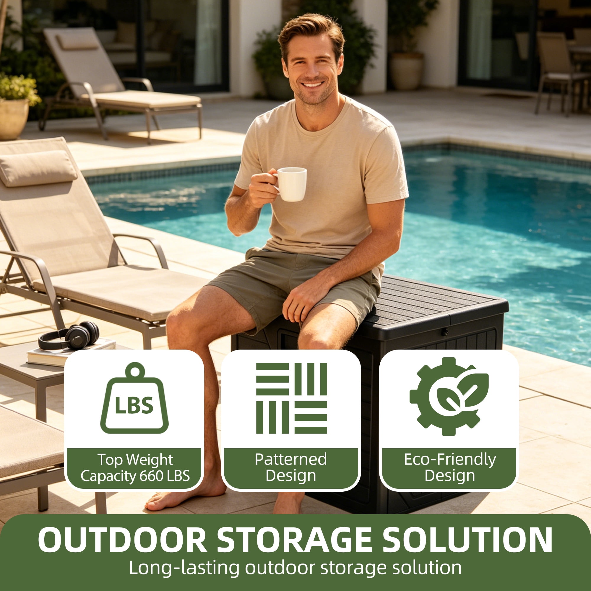Uforic 150 Gallon Outdoor Resin Deck Box, Lockable Waterproof Patio Storage Bin for Garden Tools, Pool Supplies and Outdoor Furniture Cushions, Black