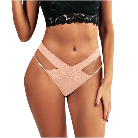 

Womens Underwear Sawvnm Women s Fashion Sexy Lace Flower Transparent Gauze Bow Low Waist G-string Pants Panties Thong for Women Beige