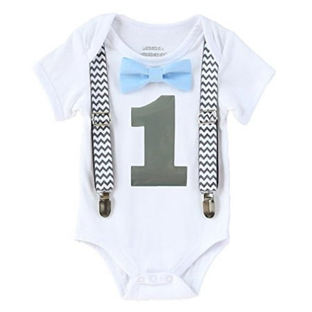 Boy Bow Tie First Birthday Noah's Boytique Boys Cake Smash Outfit First Birthday Grey Chevron Light Baby Blue Bow Grey Number One 12-18 Months ()
