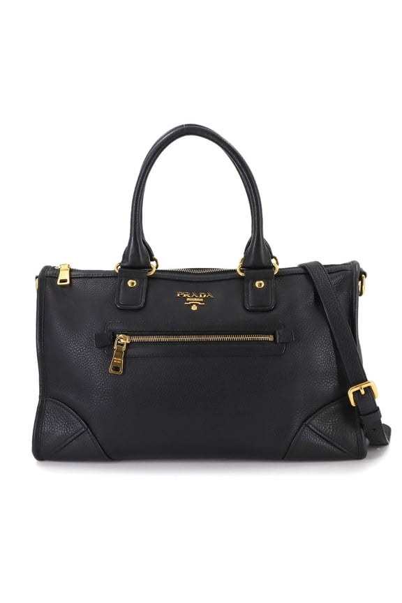 Pre-Owned Prada 2-way hand/shoulder bag in black leather with gold hardware (BL0639)
