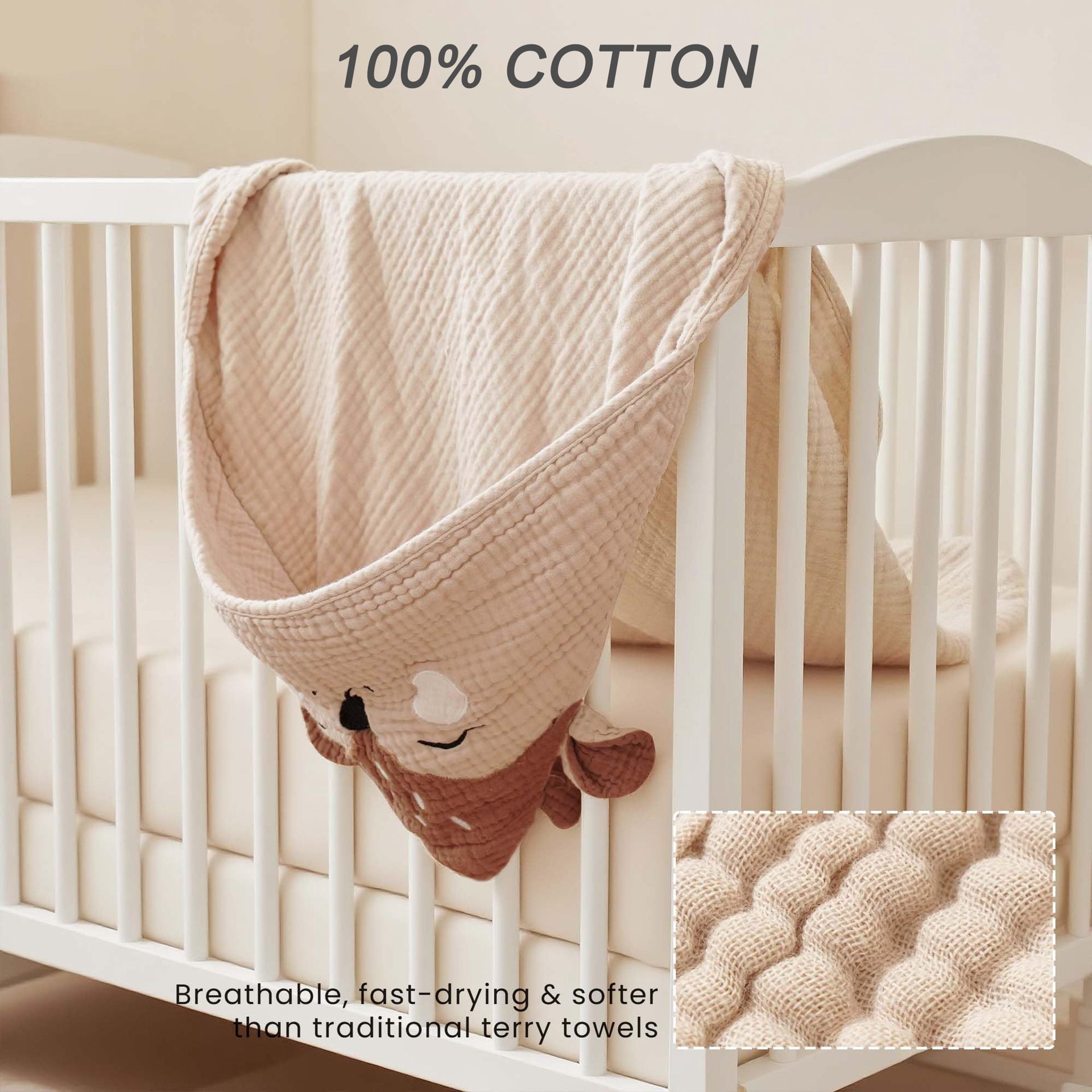 WIBACKER Baby 100% Cotton Muslin Cartoon Hooded Bath-32 x 32 Inches Towels Soft & Absorbent Bath Towel for Newborn Infant Essential Baby Gift