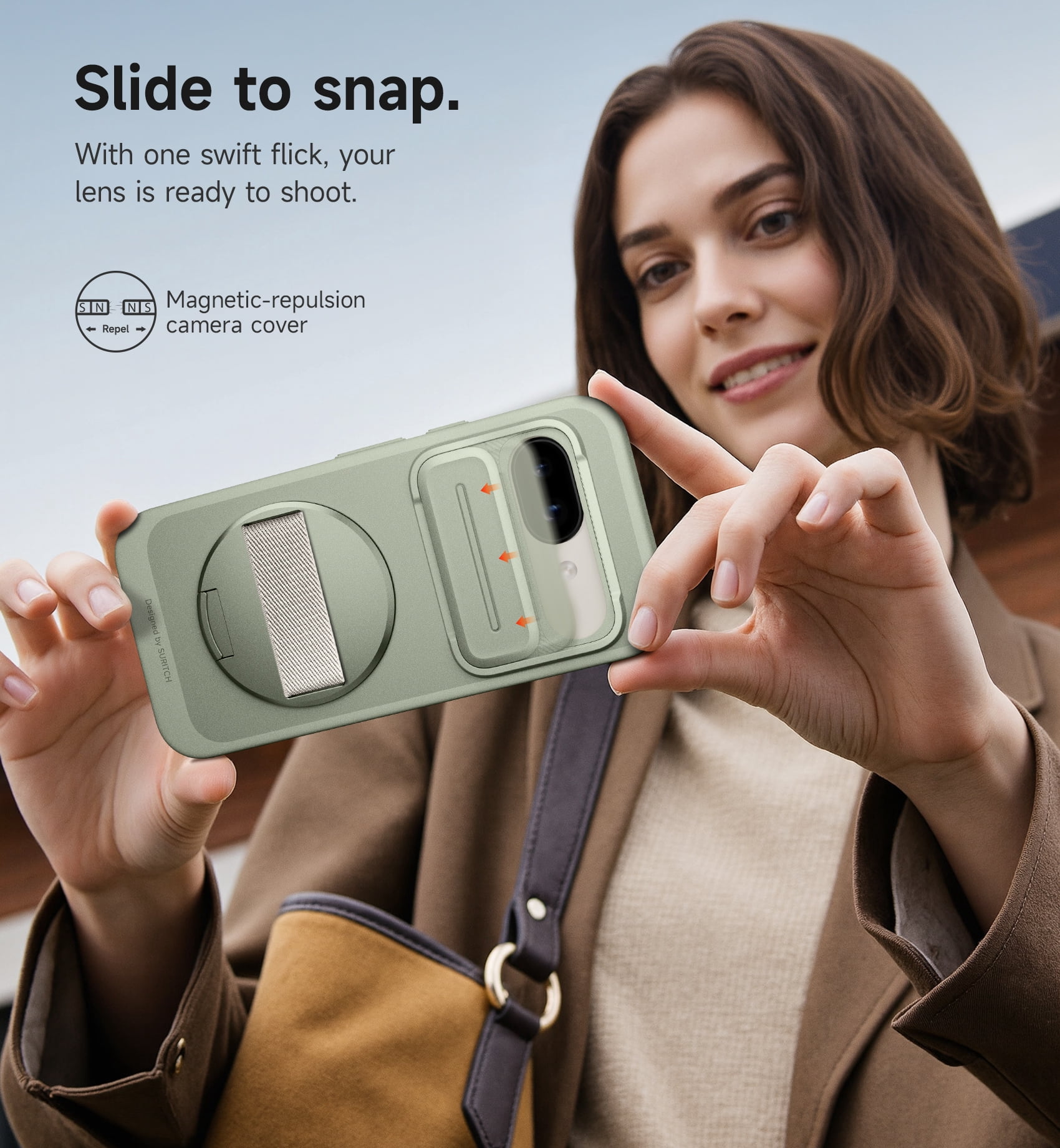 Suritch for Google Pixel 9a Phone Case with 360° Rotatable Hand Strap Grip Holder, Invisible Kickstand and Slide Camera Cover, Rugged Shockproof Protective Cover, Green