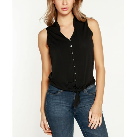 Belldini Black Label Petite Sleeveless Button-Front Ruffle Neck Top Black Pewter PXS