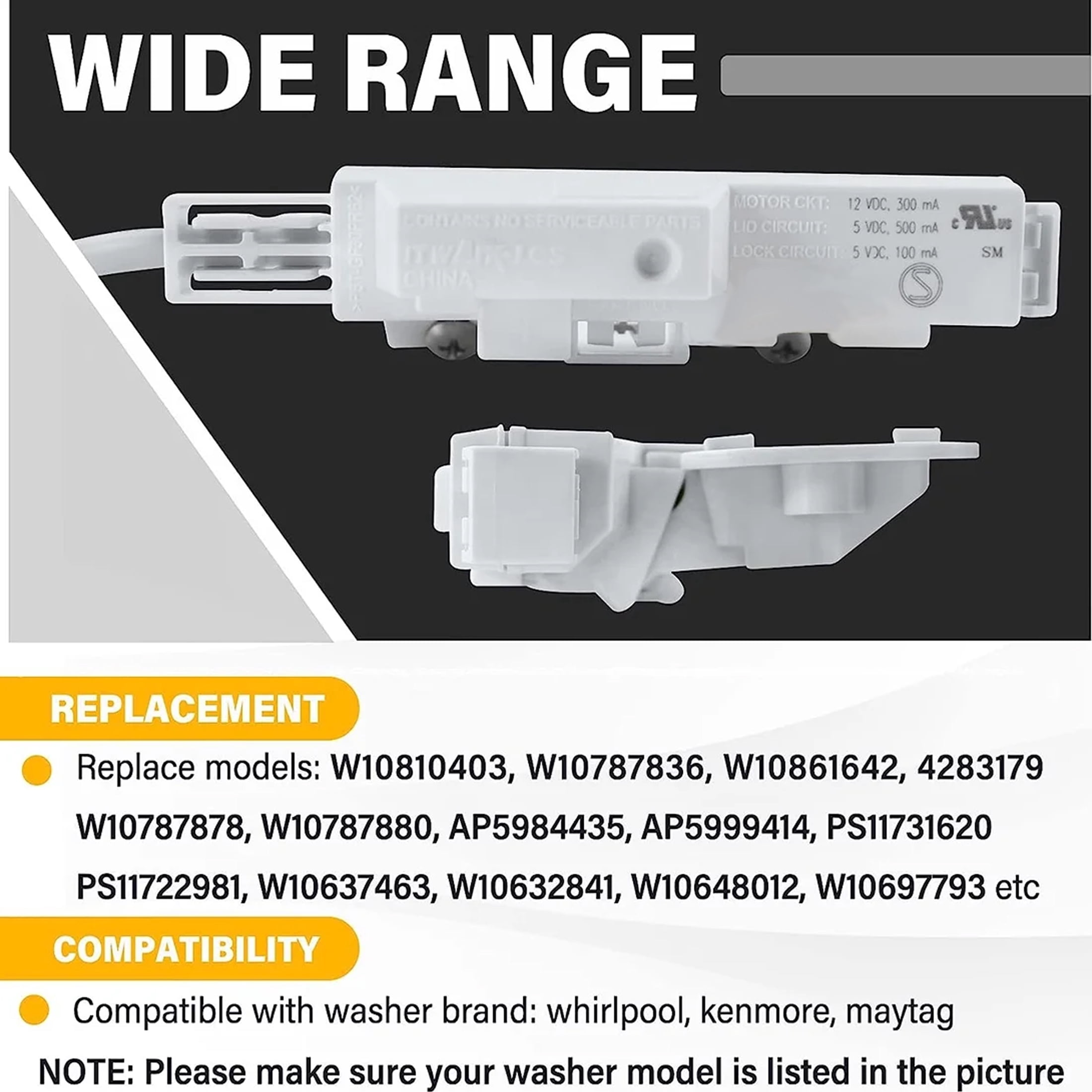 Washer Lid Lock Assembly W10810403 W10861642 W10787836, Washer Door Latch for Whirlpool Cabrio Kenmore Maytag Replace AP5984435 W10787878