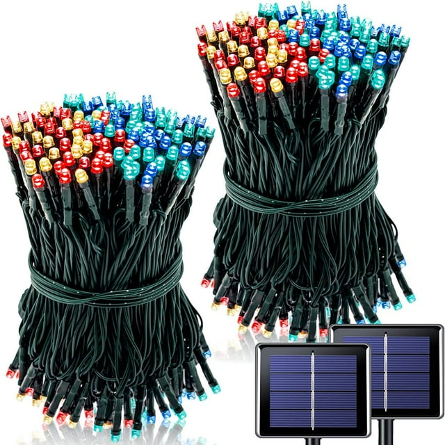 2 Pack Each 100 LED Solar Christmas Lights Outdoor Waterproof 42.7 Ft White Solar Christmas Lights 8 Modes Green Wire Solar Powered String Lights for Tree Garden Patio Decorations
