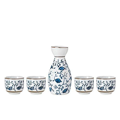 Japanese Porcelain Sake Bottle Cups Set Blue Evening Snow Made in Japan 5 PCS 