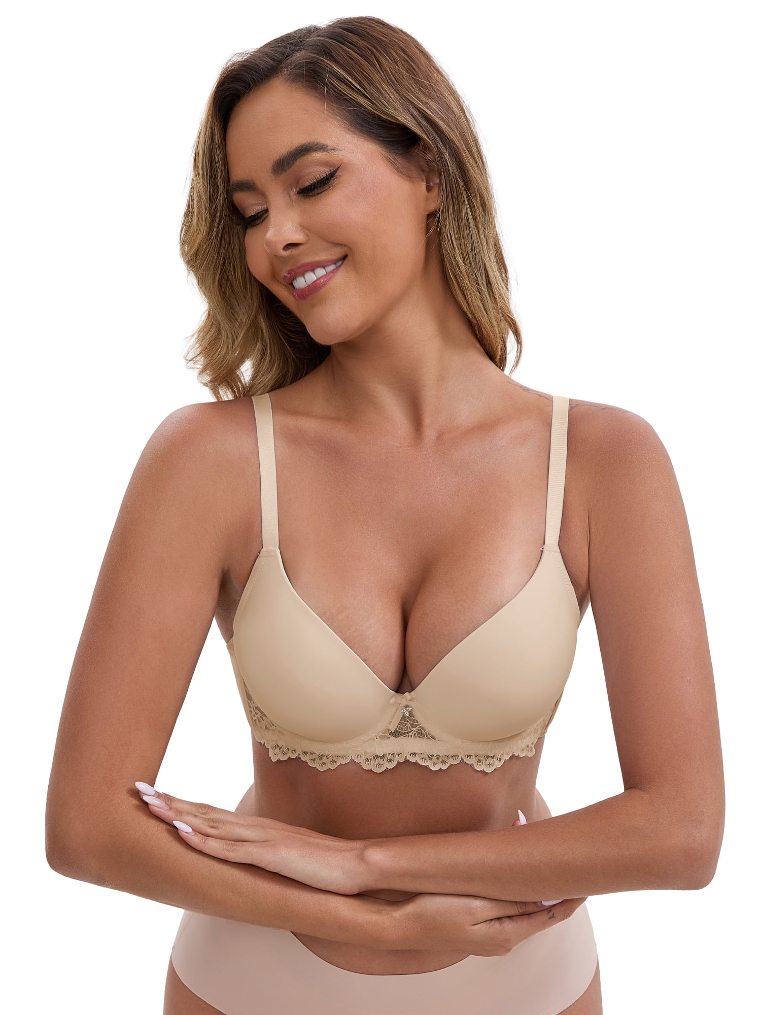 DARING DIVA Lace Plunge Push Up Underwired Bra Adjustable Straps 38C Apricot
