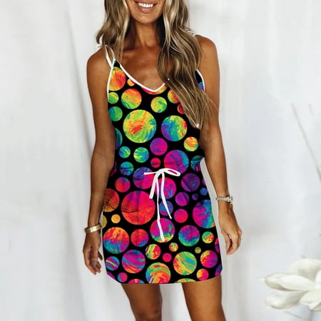 

Women Summer Dress Trendy Sleeveless Bandage Lace Up Sports Dresses Tunic Camisole Suspenders Dresses with Pocket