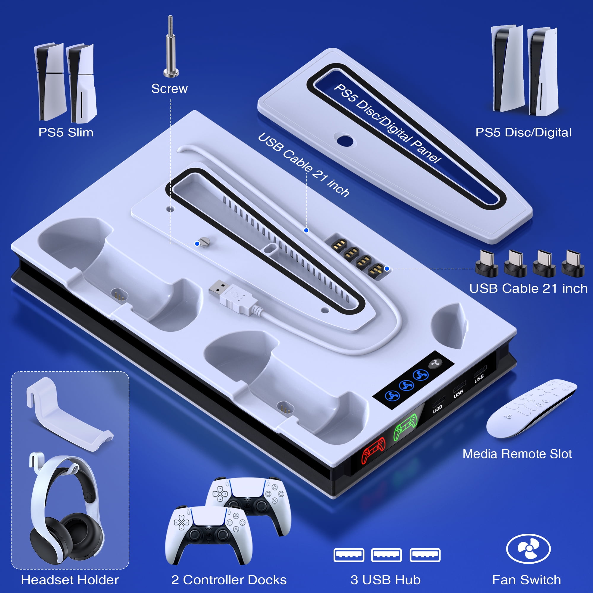 Beboncool PS5 Cooling Fan Stand with Charger Station- All-in-One Dual Turbo Fans Compatible with PS5 Pro/P5 Slim/P5 Digital Edition