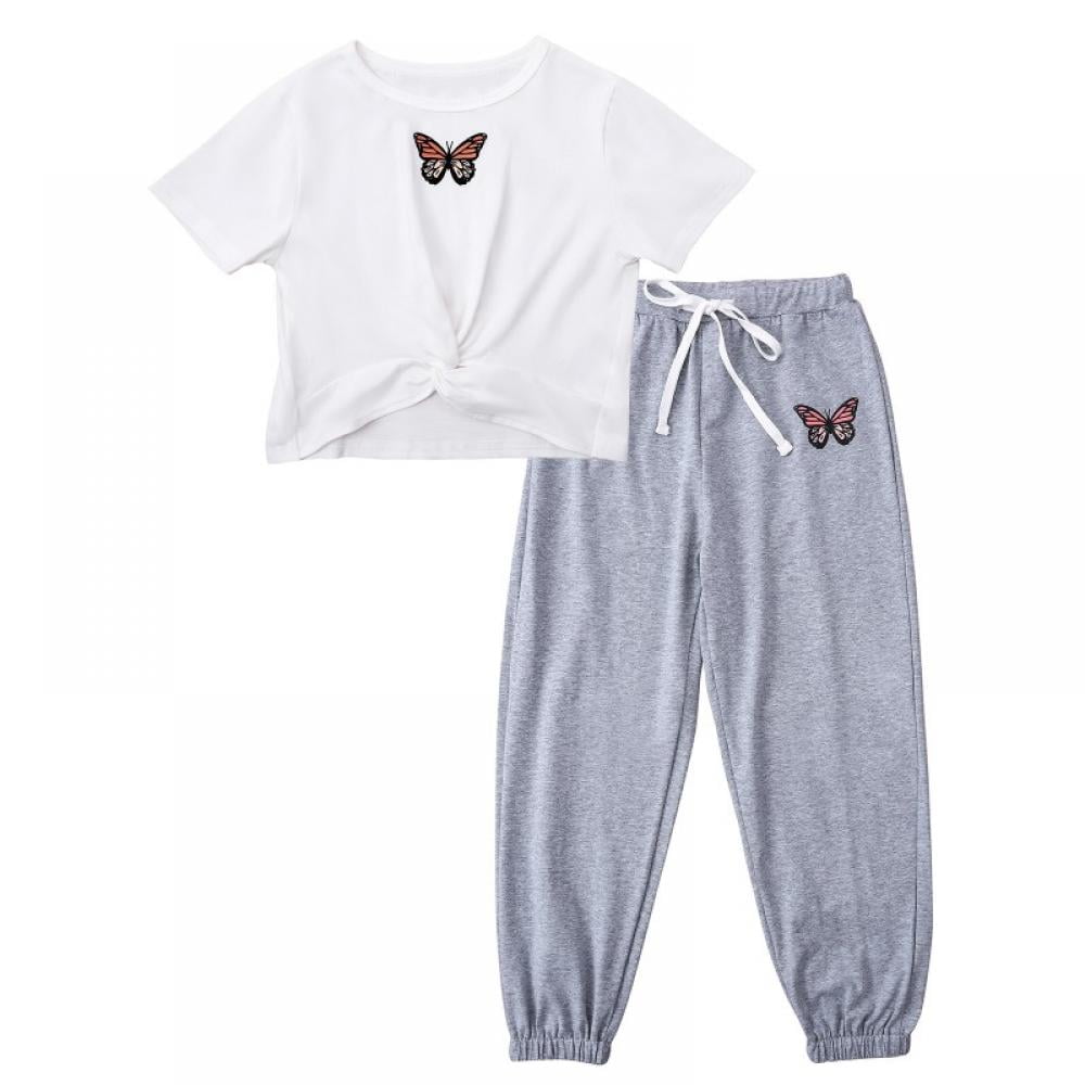 2-piece Kid Girl Butterfly Print Hoodie and Elasticized Pants Set