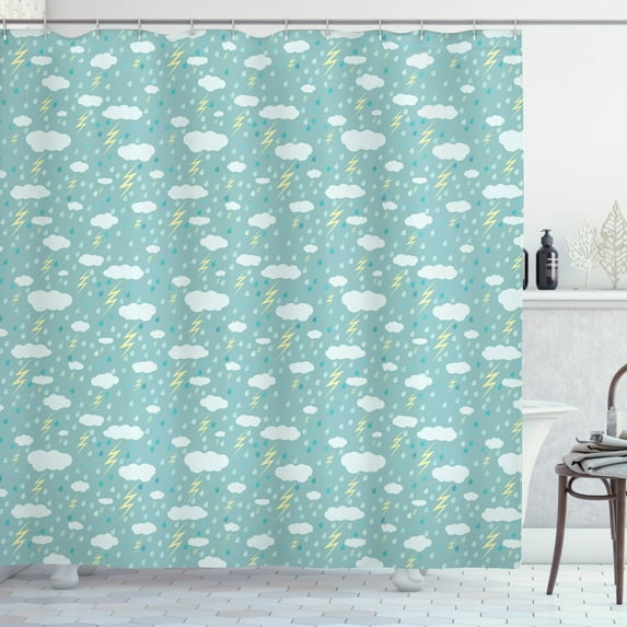 Rain Shower Curtain, Bad Weather with Thunderstorm and Raining Clouds Seasonal Pastel Graphic, Fabric Bathroom Set with Hooks, 69W X 84L Inches Extra Long, Seafoam and Pale Yellow, by Ambesonne