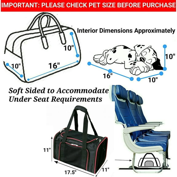 Airline Approved Soft Sided Pet Carrier, 17.5X11X11 Travel Tote with Soft Padded Bedding with Strong 1/4" Wood Base, Seatbelt & Luggage Attachment, Perfect for Cats and Small Dogs
