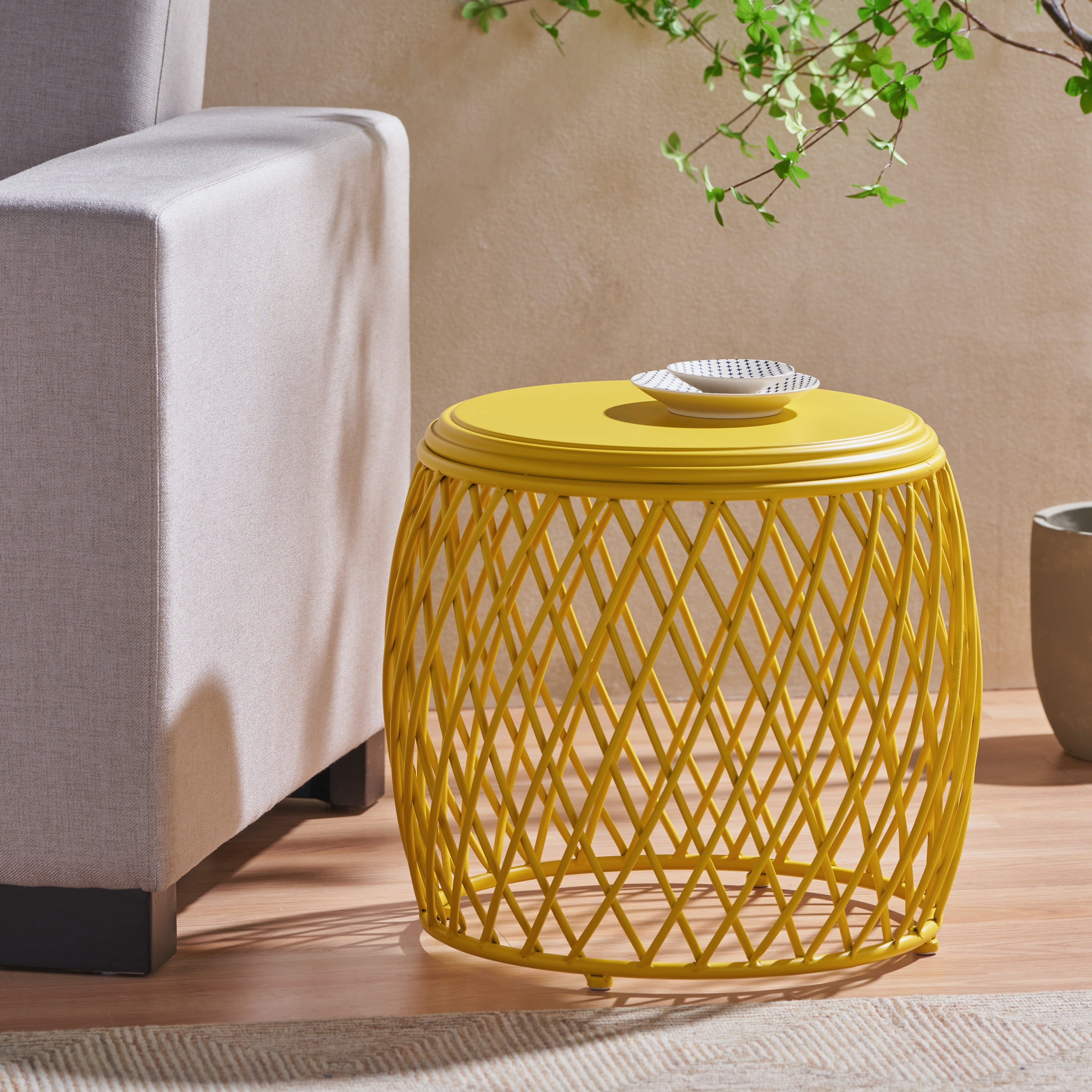 Outdoor Lattice Pattern Iron Side Table 19.75 Inch, Retro Decor Table for Patio Garden, Yellow