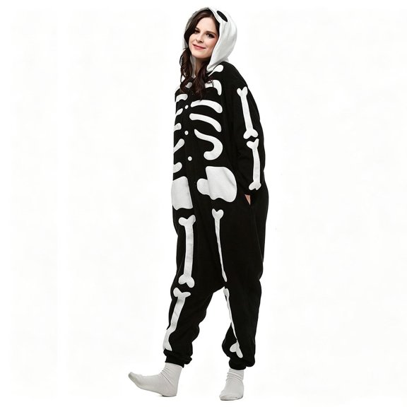 BOOMNY Halloween Unisex Men Womens Flannel Onesie Pajamas Hallowmas Skeleton Graphic Long Sleeve Hooded Pjs Jumpsuit Cozy Warm Loungewear Homewear