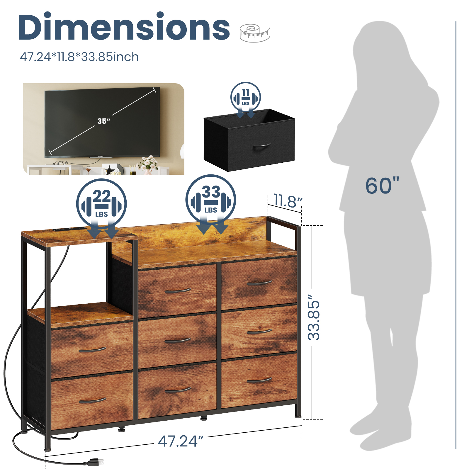 EDX 8 Drawer Dresser TV Stand, with Power Outlets and Open Shelves, for Bedroom and Living Room, Rust