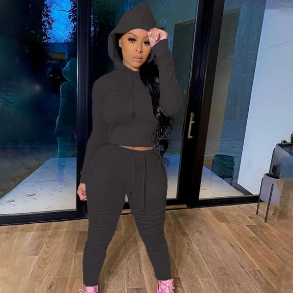 Itsame Sweatsuits 2pcs Sets for Womens Long Sleeved Sweatshirt and Pants Solid Color Women Athletic Outfit Sets Black Size L