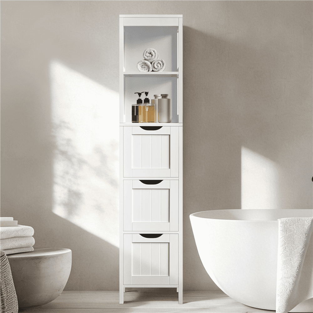 Alden Design 5-tier Modern Bathroom Storage Cabinet with 3 Drawers and 2 Open Shelves, White