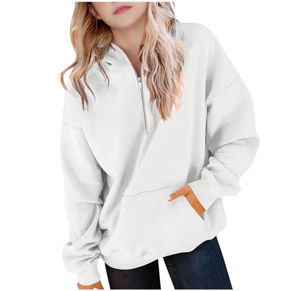 Lenpel Hoodies for Girls Boys Casual Long Sleeve Half Zip Hooded Sweatshirts Pullover Sweatshirt Tops with Pocket(White,14-15 Years)