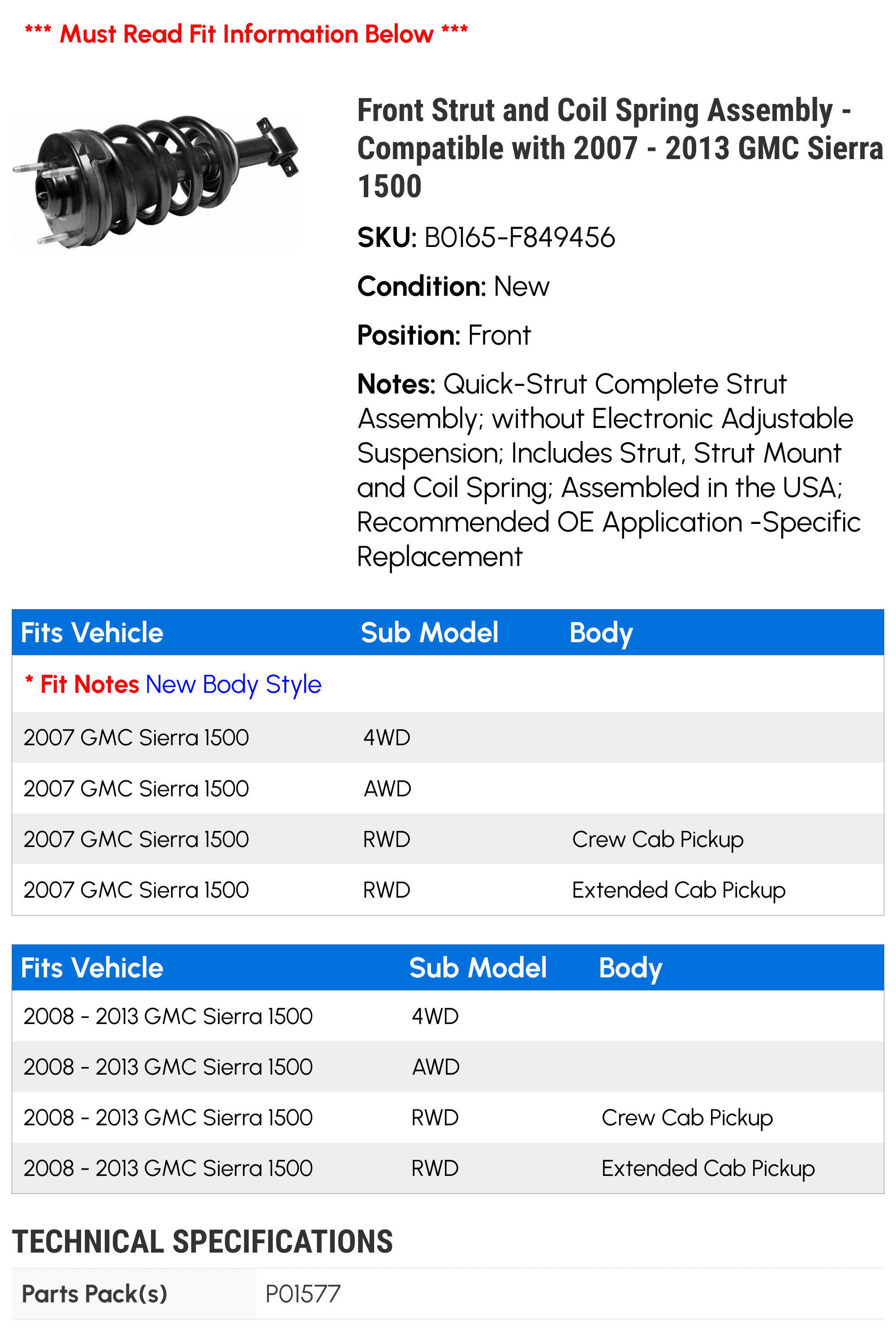 Front Strut and Coil Spring Assembly - Compatible with 2007 - 2013 GMC Sierra 1500 2008 2009 2010 2011 2012