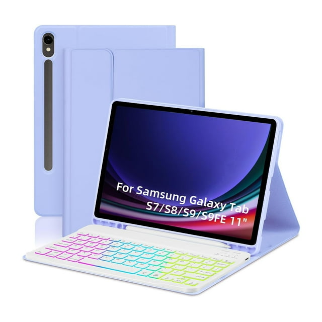 Light Purple Detachable Bluetooth Keyboard Case with 7-Color Backlight, Multi-Angle Stand & Pen Slot for Samsung Galaxy Tab S7/S8/S9 11-inch & S9 FE 10.9-inch (Models SM-T870/T875/T876B,