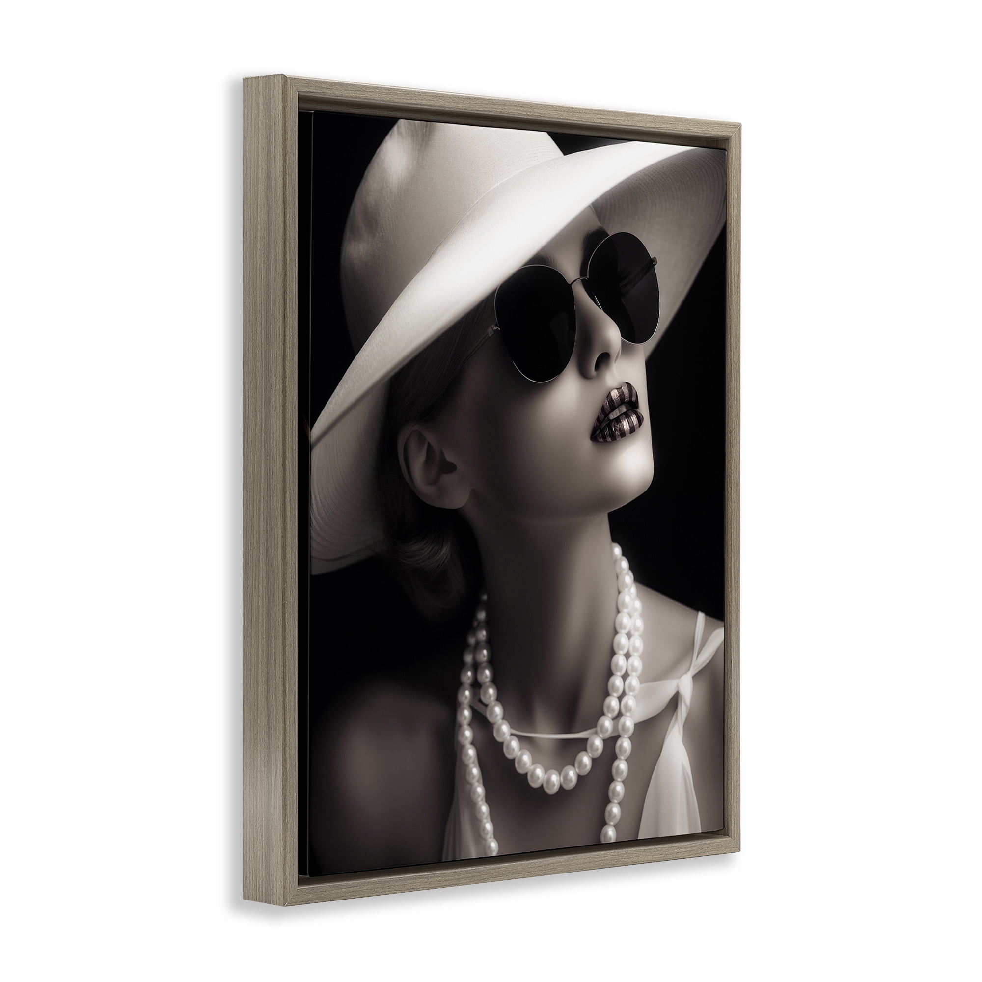 Stupell Industries Trendy Girl with Striped Lips Novelty Painting Brown Floater Framed Art Print Wall Art, 17 x 21