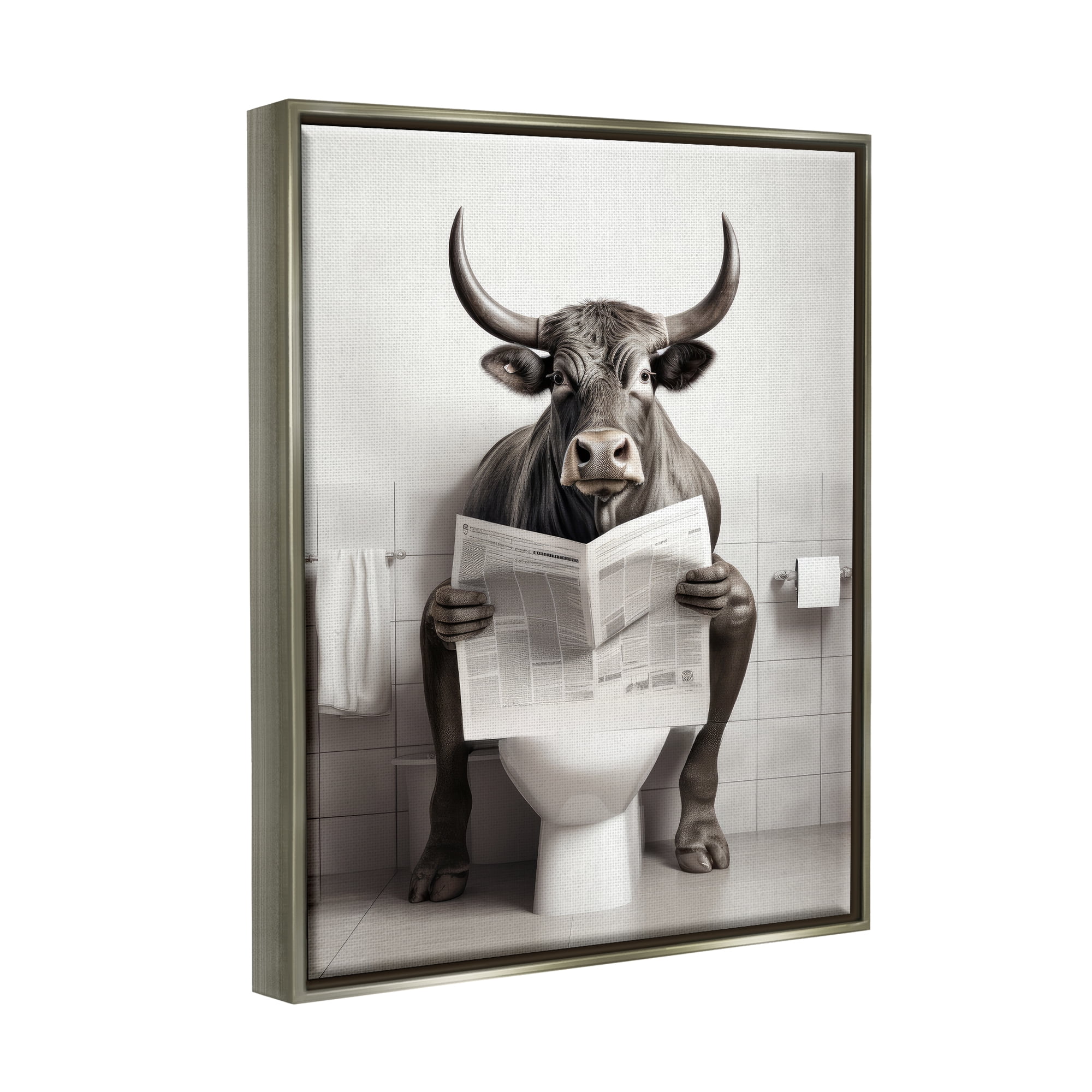 Stupell Industries Cattle Reading Newspaper Animals & Insects Painting Gray Floater Framed Canvas Art Print Wall Art, 25 x 31