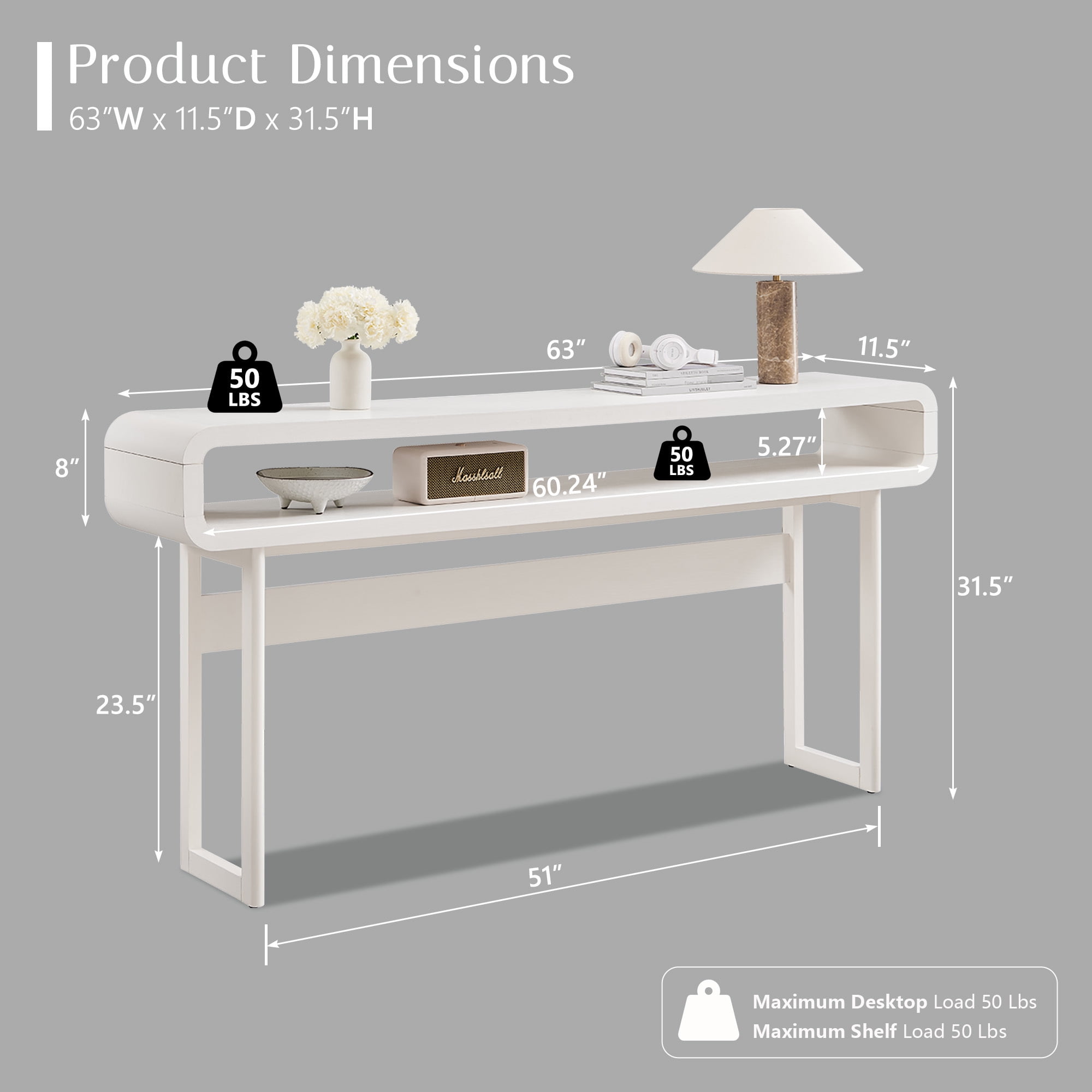 SinCiDo 63" Long Console Table for Entryway w/Open Storage Shelf, Sofa Table Behind Couch, Modern Entryway Table for Living Room, Hallway