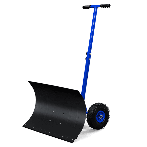 Adjustable Snow Plow with Inflatable Wheels, T-Handle Human-Powered Manual Snow Shovel for Driveways & Sidewalks, Iron Blade Snow Removal Tool, Blue & Black