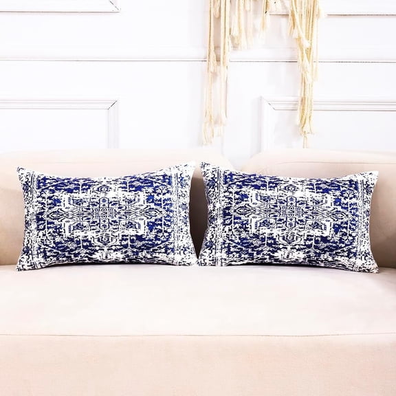 Boho Room Decor Navy Blue and White Velvet Lumbar Pillow Covers 12x20 Set of 2 Blue Modern Farmhouse Lumbar Pillows for Living Room Couch and Sofa