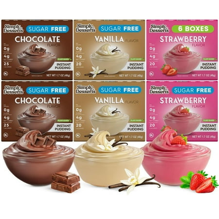 Simply Desserts Vanilla, Strawberry & Chocolate Instant Pudding, Sugar-Free, Variety 6-Pack – Healthy Dessert, Keto Snacks, Vegan & Diabetic-Friendly, Kosher, 1.7 Oz Ea