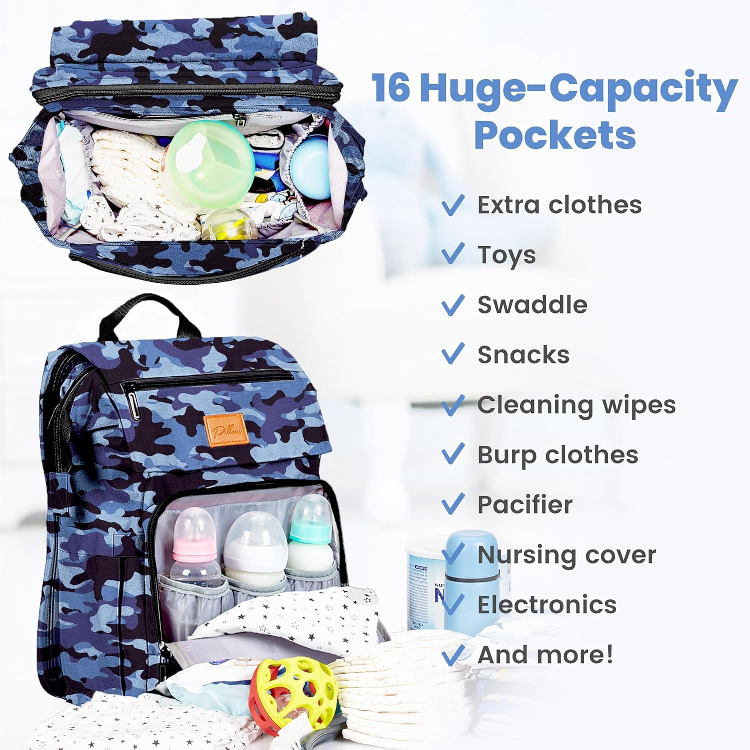 PILLANI Baby Diaper Bag Backpack - Large Bag for Boys & Girls, Waterproof Diaper Backpack - Travel Diaper Bags w/Changing Pad, Baby Registry Search & Shower Gifts - Essentials Must Haves Newborn Stuf