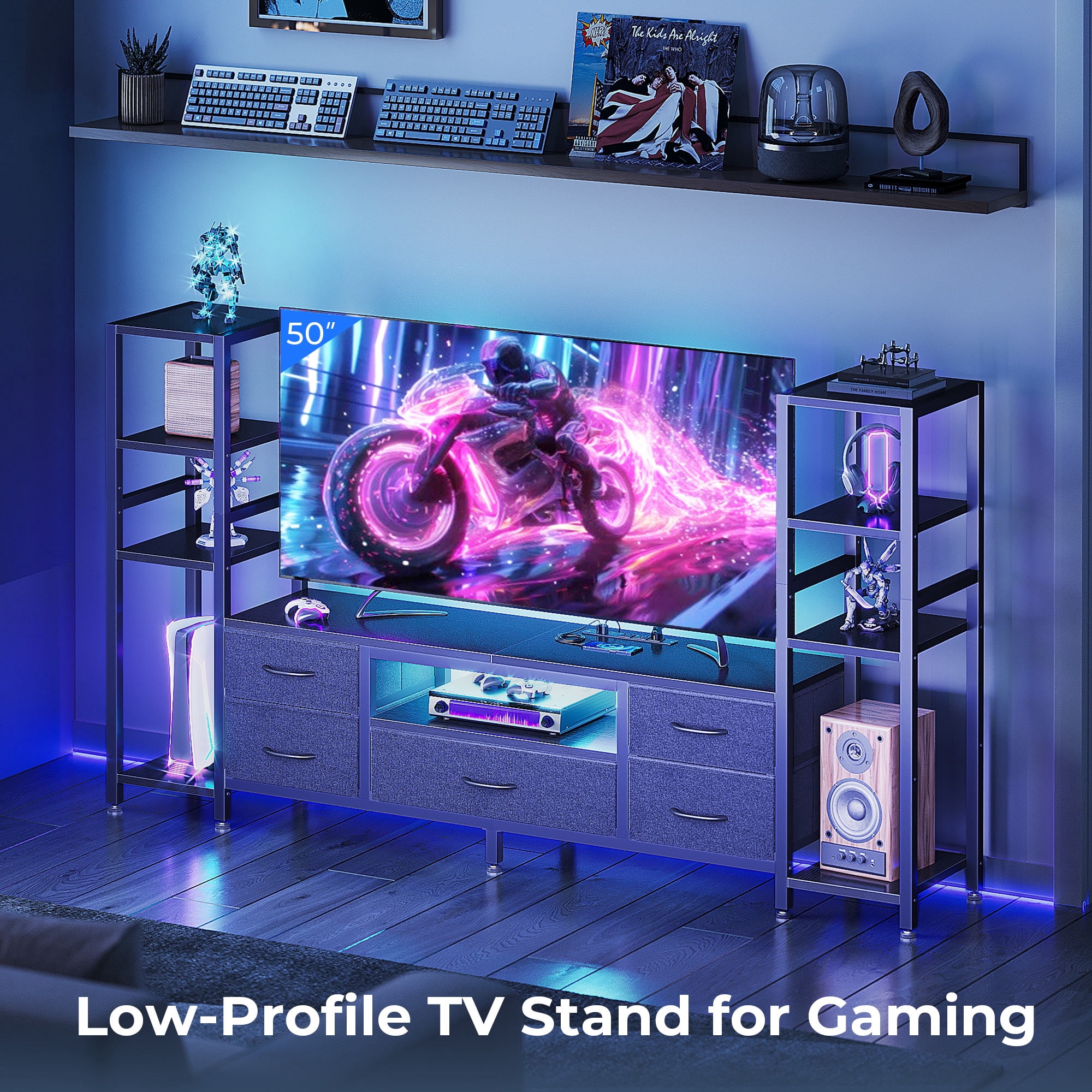 Casacomoda TV Stand up for 40–50 Inch TV, Low-Profile Entertainment Center for Small Spaces with LED Lights & Power Outlets, Storage TV Stand with Drawers & Shelves, Black