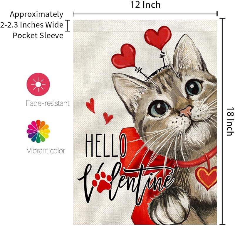 Valentines Day Cat Garden Flag Hello Valentine Double Sided for Outside Small Burlap Red Holiday Yard Decoration