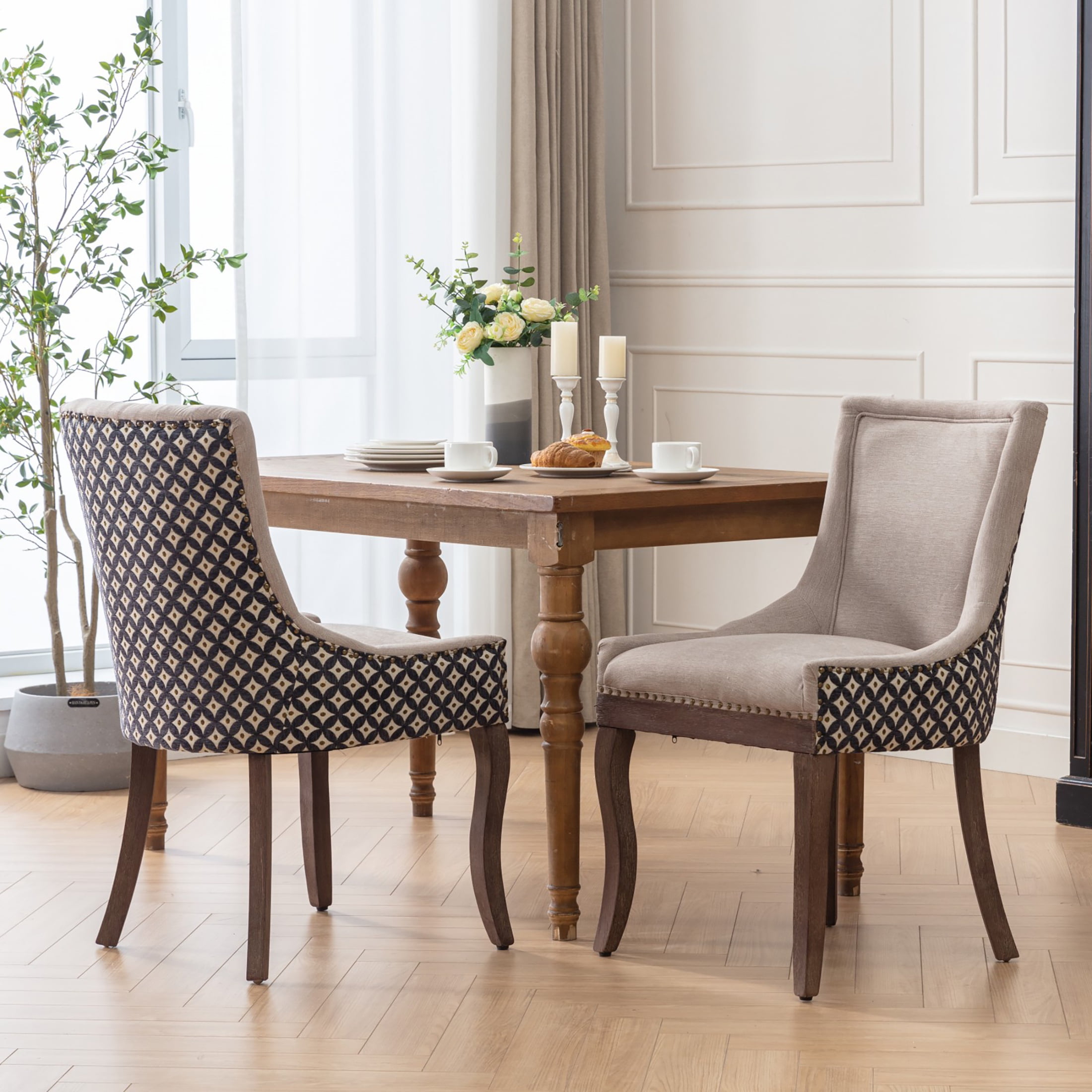 HSUNNS Indoor Dining Chairs Set of 2, Upholstered Armless Dining Room Chairs with High Backrest and Nailhead Design, Mid Century Side Dining Chairs with Wood Leg, Capacity of 300lbs, Beige+Black
