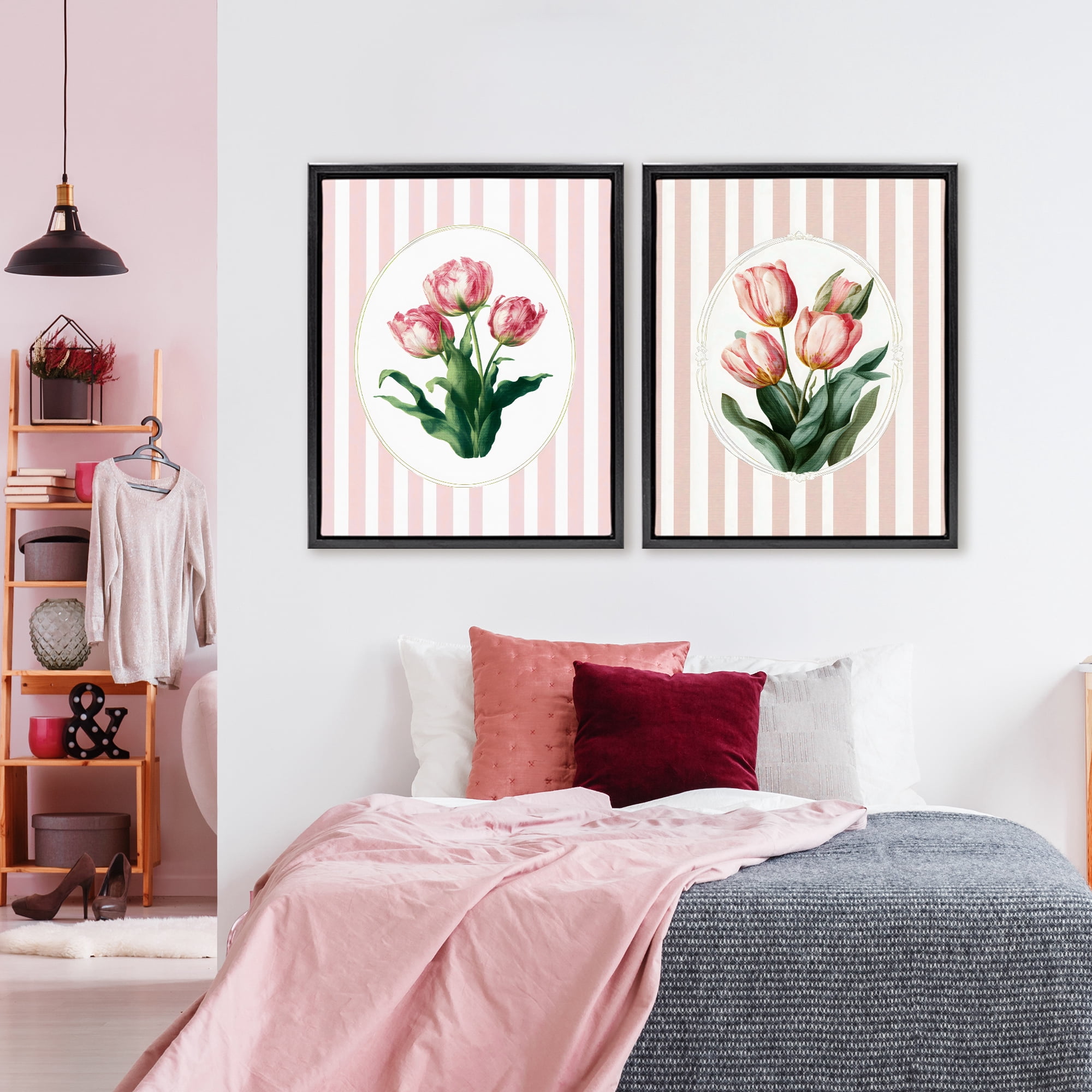 Stupell Industries Blush Tulips on Stripes 2 Piece Black Framed Floater Canvas Set, design by Ink Drop Loft