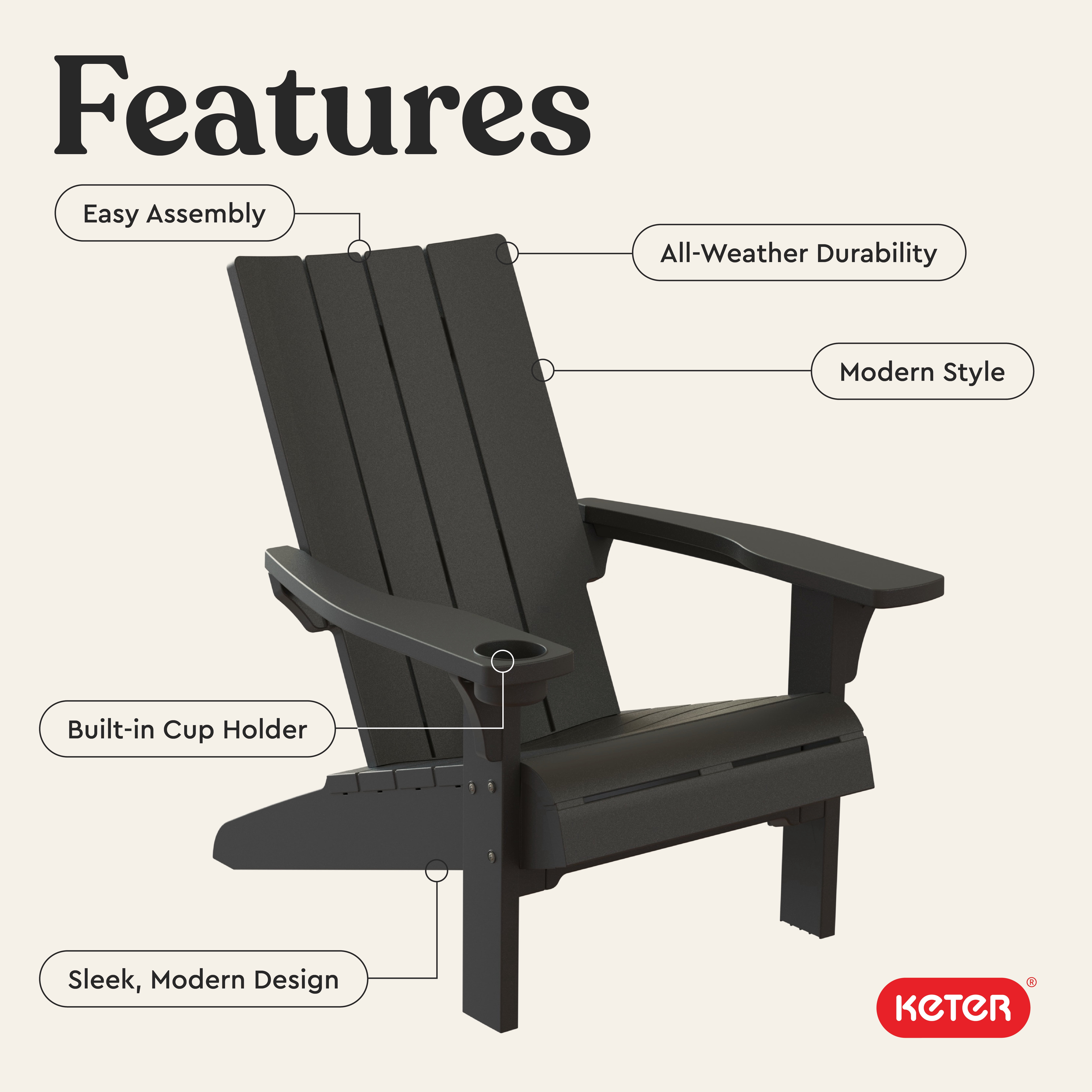 Keter Modern Adirondack Resin Outdoor Furniture Patio Chairs with Cup Holder-Perfect for Beach, Pool, and Fire Pit Seating, Grey