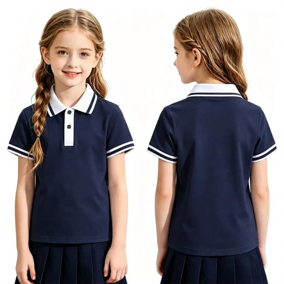 Girls Color Block School Uniform Shirts Short Sleeve Collar Uniform Shirts For Kids Button Down Cozy Breathable Golf Polo Shirts