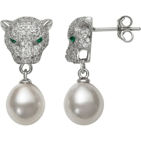 8-9mm Genuine White Cultured Freshwater Pearl and CZ Sterling Silver Encrusted Panther-Shaped Drop Earrings