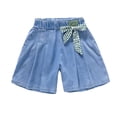 thumbnail image 5 of Kids Lightweight Tencel Jean Shorts, Elastic Waist Bow Accent Casual Shorts for Summer Vacation and Casual Outings Light Blue 140, 5 of 9