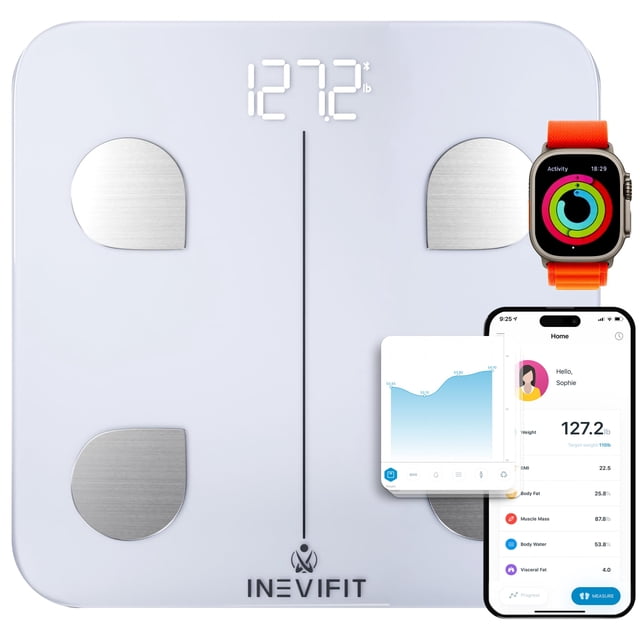 Báscula inteligente de grasa corporal INEVIFIT, analizador digital de composición corporal con Bluetooth de alta precisión para baño. Mide peso, grasa corporal, agua, músculo, grasa visceral y masa ós