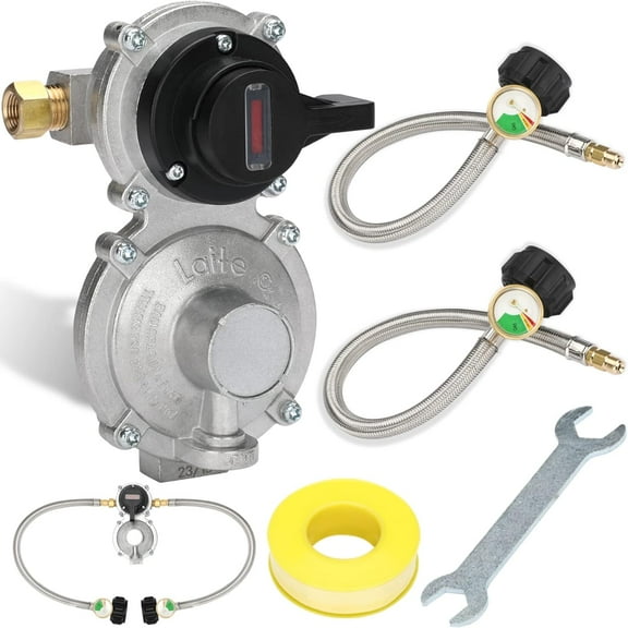 2 Stage Changeover Propane Regulator with Two 18" RV Pigtail Propane Hoses with Gauge Stainless Braided QCC1 1/4" Inverted Male Flare for RV 2 Tank Auto Changeover Regulator Cylinder 210,000 BTU