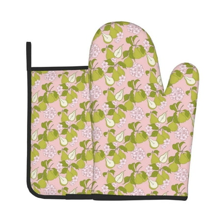 

Gaeub Pears And Flower Print Oven Mitts and Pot Holders Sets of 2 Heat Resistant Pad Cooking Gloves for Baking BBQ Home Decor