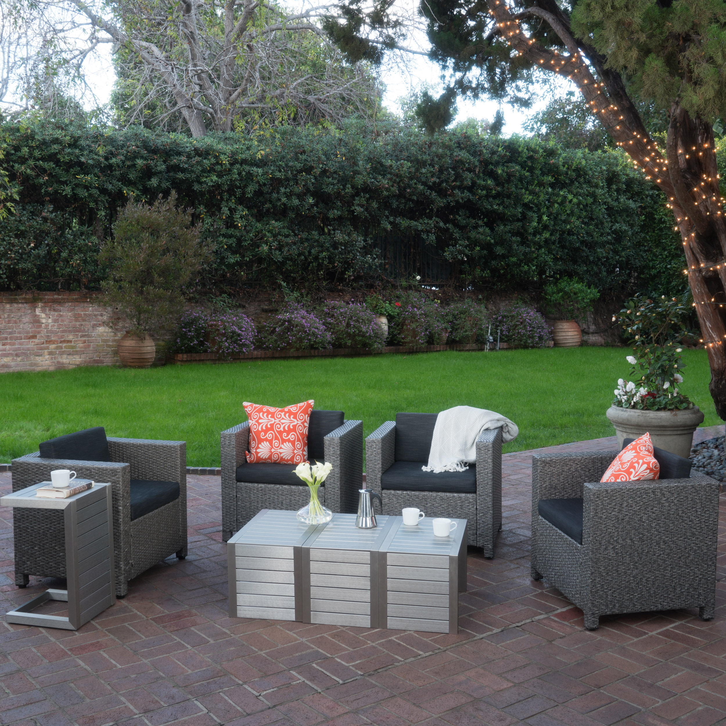 Cascada Outdoor 4 Piece Wicker Club Chairs with Cushions and C-Shaped Tables Set, Silver, Dark Grey, Mixed Black