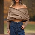 thumbnail image 2 of Towmus Women’s Fall Fashion Long Sleeve Off Shoulder V Neck Pullover Tops Asymmetric Hem Knit Cropped Sweater ,Brown ,L, 2 of 5