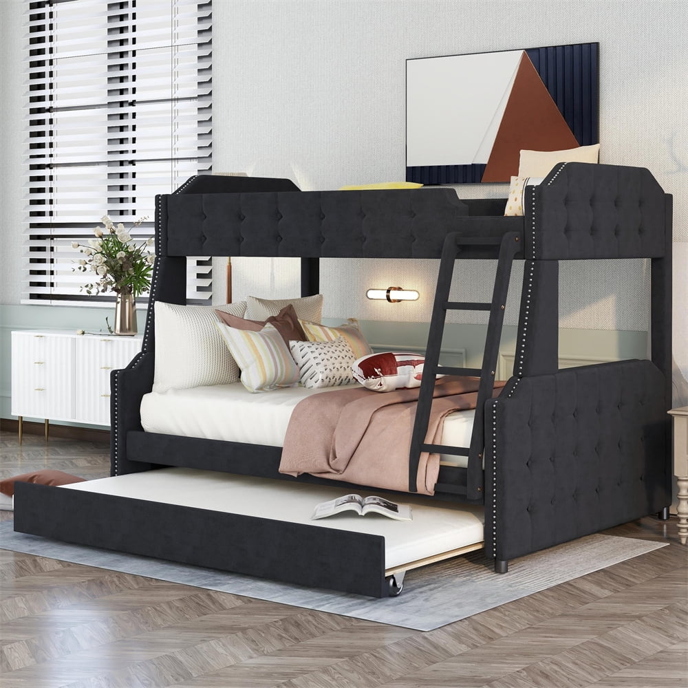 Velvet Upholstered Bunk Bed with Trundle, Solid Wood Twin over Full ...