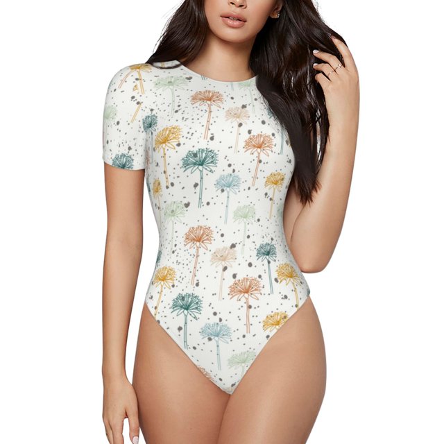 Fotbe Dandelion Body de Mujer con Cuello Redondo y Mangas Cortas, Sin Mangas Ajustado, Suave, Cómodo y Básico-Large