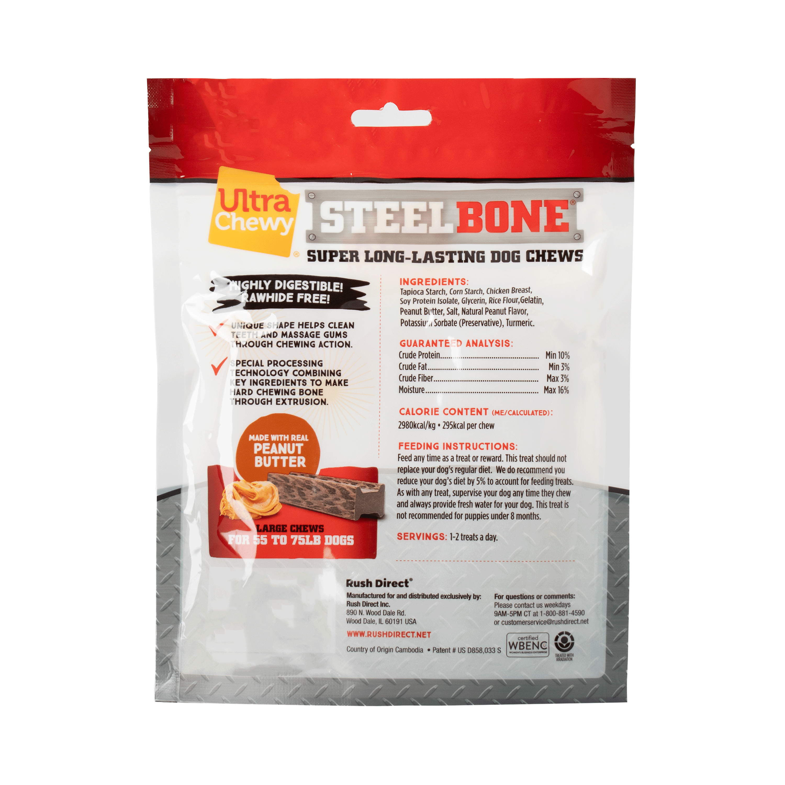Ultra Chewy Steel Bones Peanut Butter Treat for Dogs, Large (2 Pack)