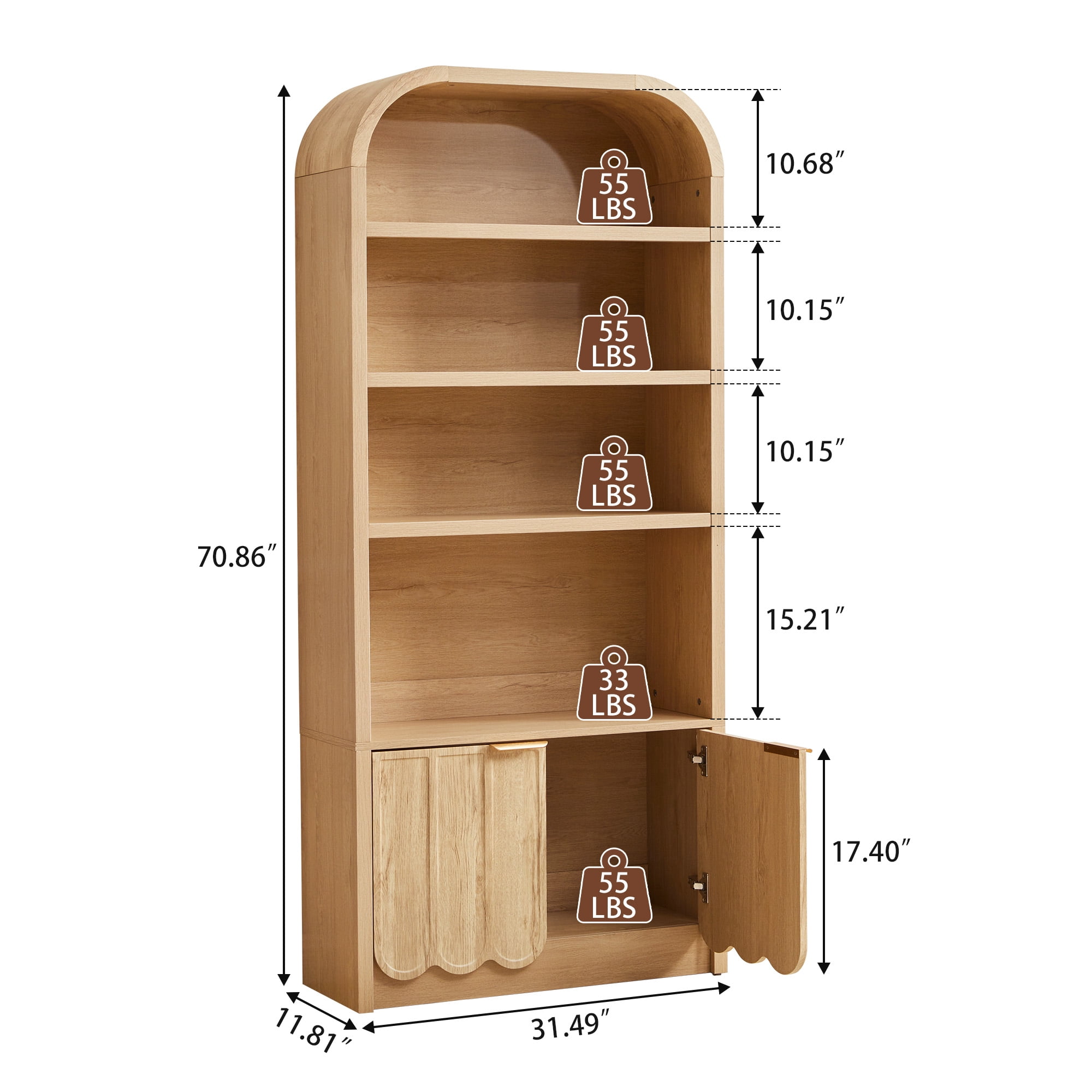YOCWO 70" Tall Arched Bookcases with 2 Doors & 4 Shelves, Wooden Bookshelf with Wave Panel and Curved Top for Living Room Office, Natural