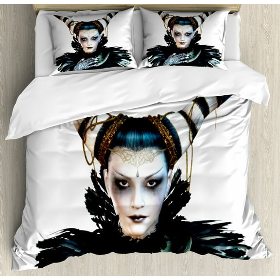 Fantasy Duvet Cover Set Queen Size, Portrait of a Gothic Lady with a Carnival Costume Black Lipstick and Hair Horns, Decorative 3 Piece Bedding Set with 2 Pillow Shams, White Black, by Ambesonne