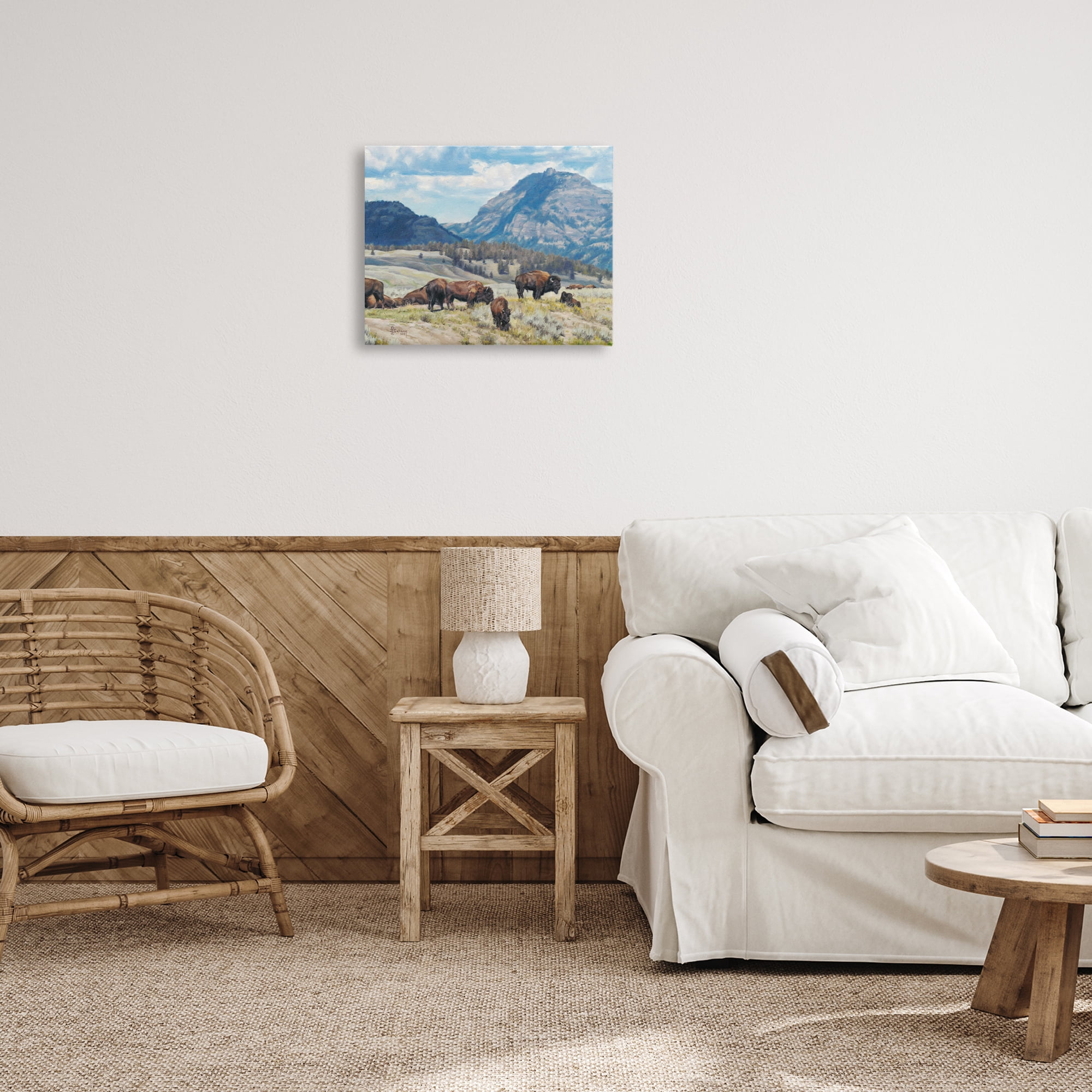 Stupell Industries Sunny Afternoon Bison Landscape Painting Gallery Wrapped Canvas Art Print Wall Art, 20 x 16